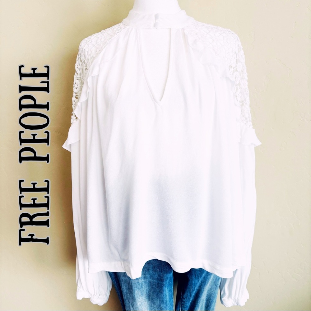 Free People Little Bit Of Love White Flowy Blouse With Crochet Detailing